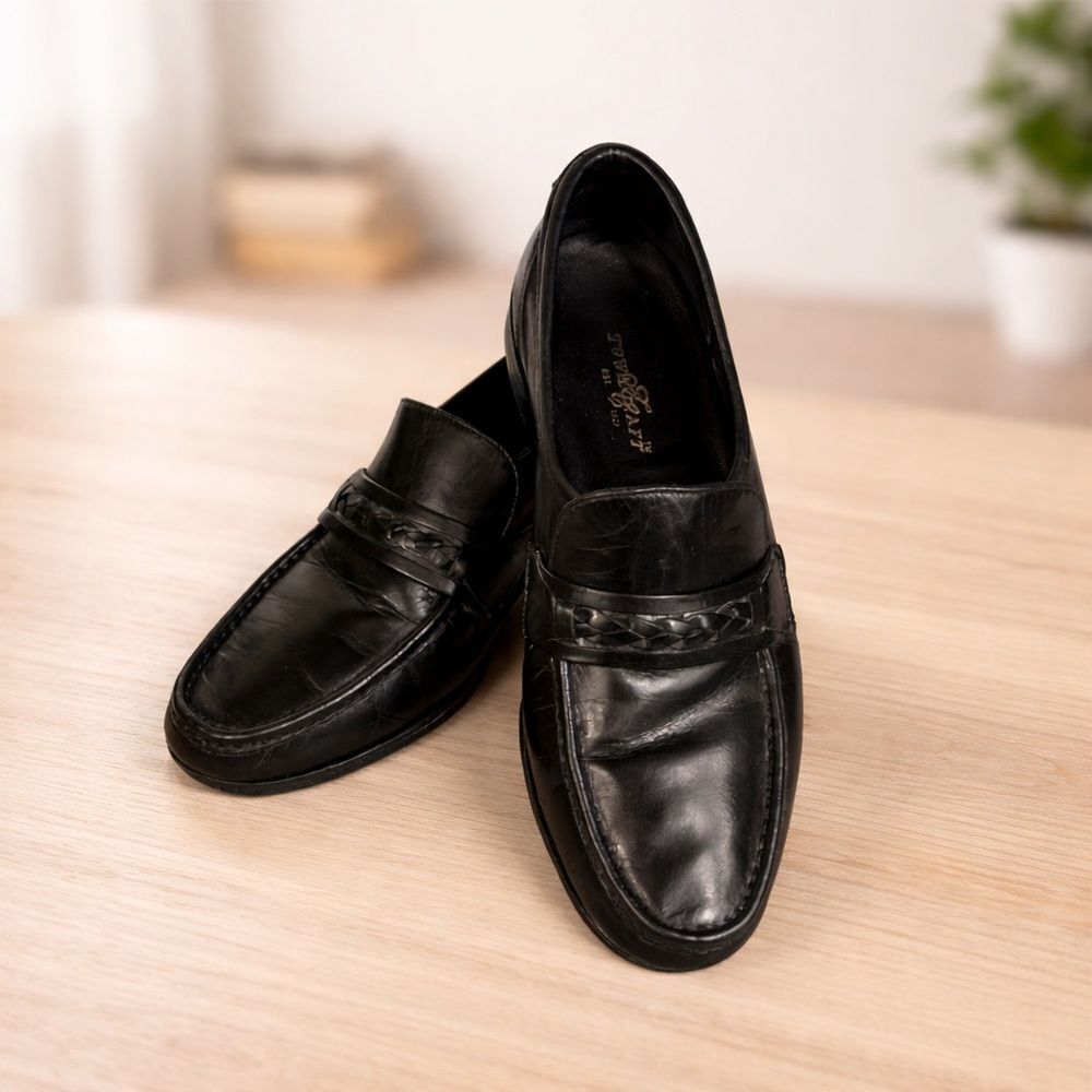 Town Craft Black Leather Penny Loafers Braided Strap Classic Dress Shoes Size 8D